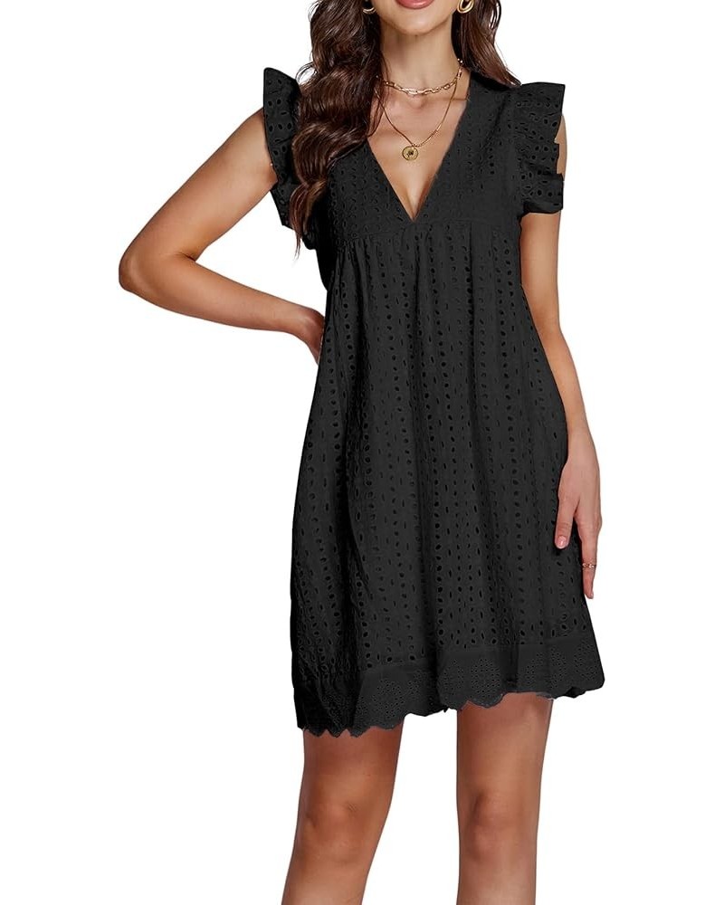 Women's Elegant Eyelet V Neck Ruffle Cap Sleeve Tank Babydoll A Line Mini Dress Black $16.34 Dresses