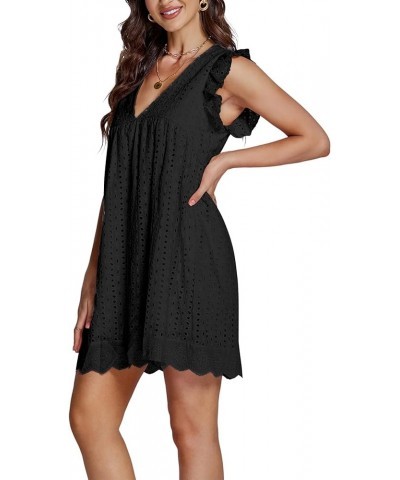 Women's Elegant Eyelet V Neck Ruffle Cap Sleeve Tank Babydoll A Line Mini Dress Black $16.34 Dresses