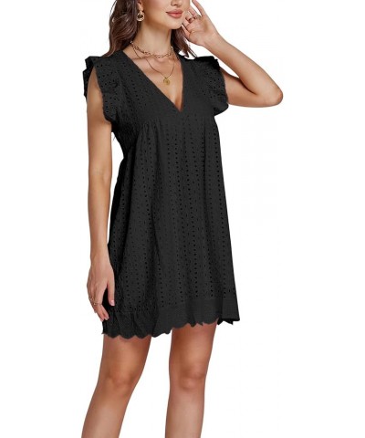 Women's Elegant Eyelet V Neck Ruffle Cap Sleeve Tank Babydoll A Line Mini Dress Black $16.34 Dresses