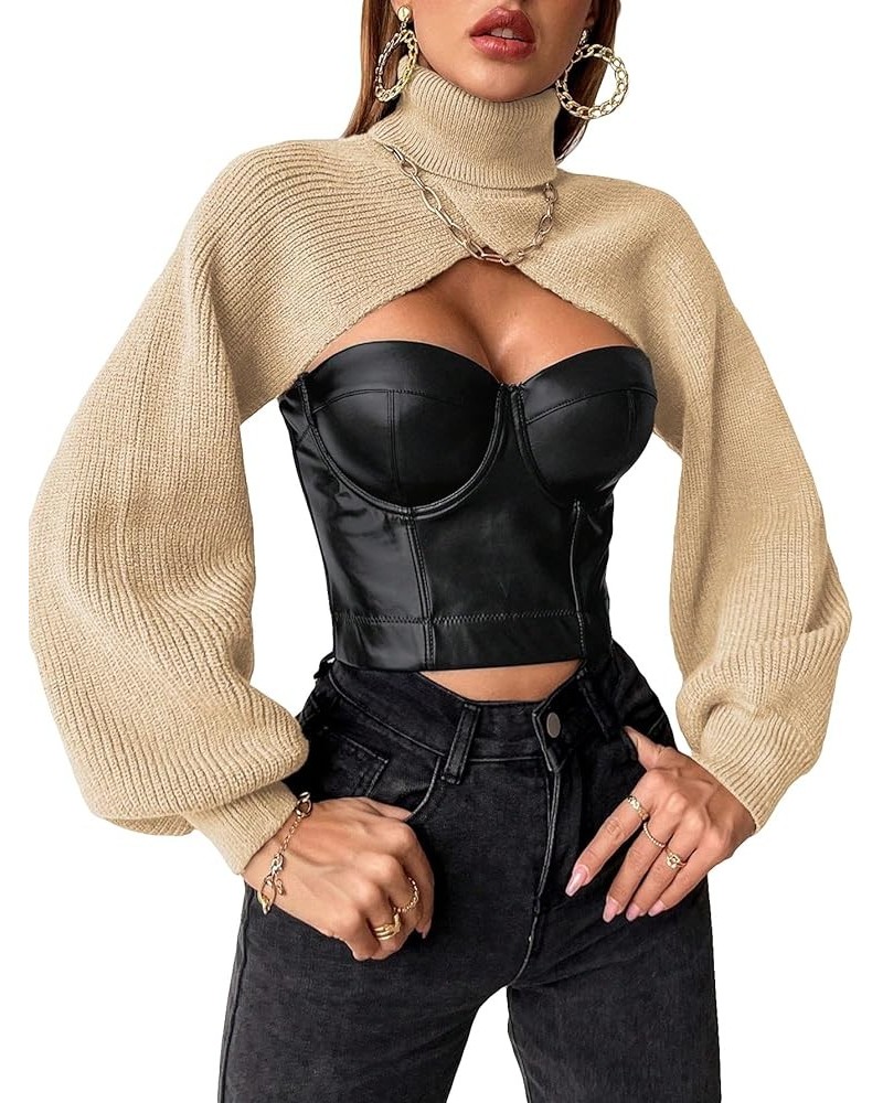 Women's Lantern Sleeve Turtleneck High Neck Pullover Sweater Super Crop Top Apricot $21.44 Sweaters