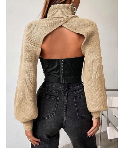 Women's Lantern Sleeve Turtleneck High Neck Pullover Sweater Super Crop Top Apricot $21.44 Sweaters