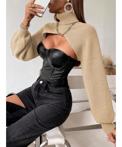 Women's Lantern Sleeve Turtleneck High Neck Pullover Sweater Super Crop Top Apricot $21.44 Sweaters