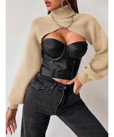 Women's Lantern Sleeve Turtleneck High Neck Pullover Sweater Super Crop Top Apricot $21.44 Sweaters