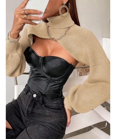 Women's Lantern Sleeve Turtleneck High Neck Pullover Sweater Super Crop Top Apricot $21.44 Sweaters