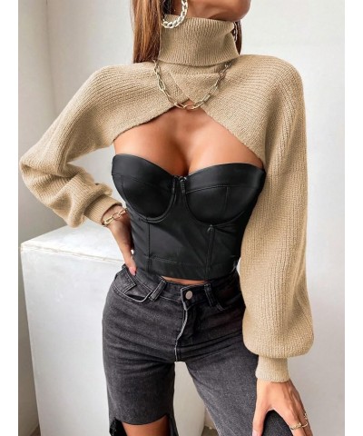 Women's Lantern Sleeve Turtleneck High Neck Pullover Sweater Super Crop Top Apricot $21.44 Sweaters