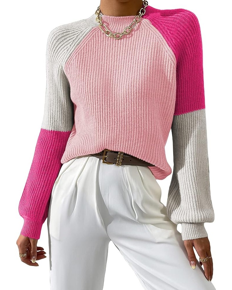 Women's Color Block Mock Neck Bishop Sleeve Knit Sweater Pullover Top Pink White $20.39 Sweaters