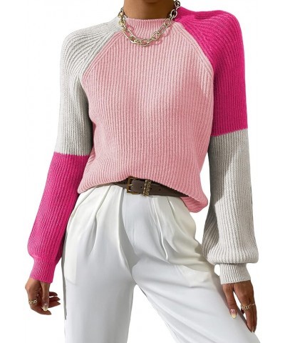 Women's Color Block Mock Neck Bishop Sleeve Knit Sweater Pullover Top Pink White $20.39 Sweaters