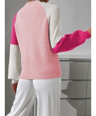 Women's Color Block Mock Neck Bishop Sleeve Knit Sweater Pullover Top Pink White $20.39 Sweaters