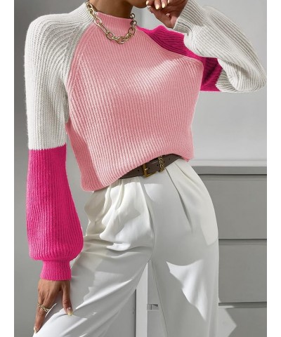 Women's Color Block Mock Neck Bishop Sleeve Knit Sweater Pullover Top Pink White $20.39 Sweaters