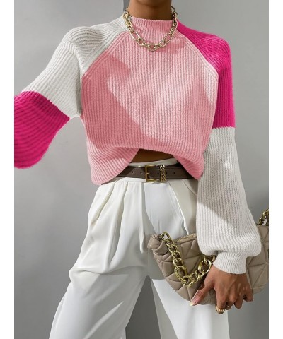 Women's Color Block Mock Neck Bishop Sleeve Knit Sweater Pullover Top Pink White $20.39 Sweaters