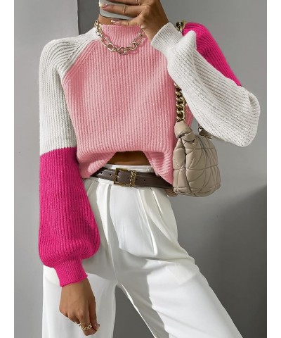 Women's Color Block Mock Neck Bishop Sleeve Knit Sweater Pullover Top Pink White $20.39 Sweaters