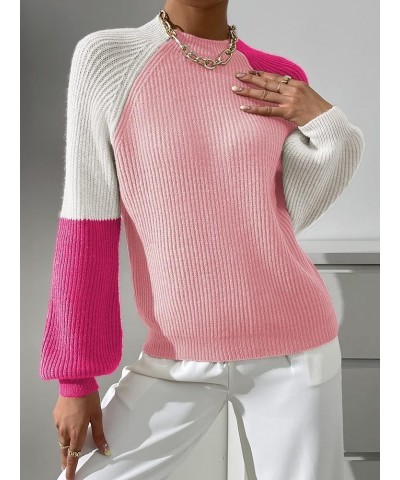 Women's Color Block Mock Neck Bishop Sleeve Knit Sweater Pullover Top Pink White $20.39 Sweaters