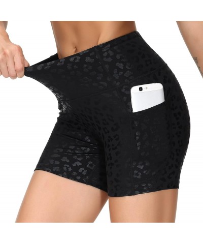 High Waist Yoga Shorts for Women's Tummy Control Fitness Athletic Workout Running Shorts with Deep Pockets Black Spot Leopard...