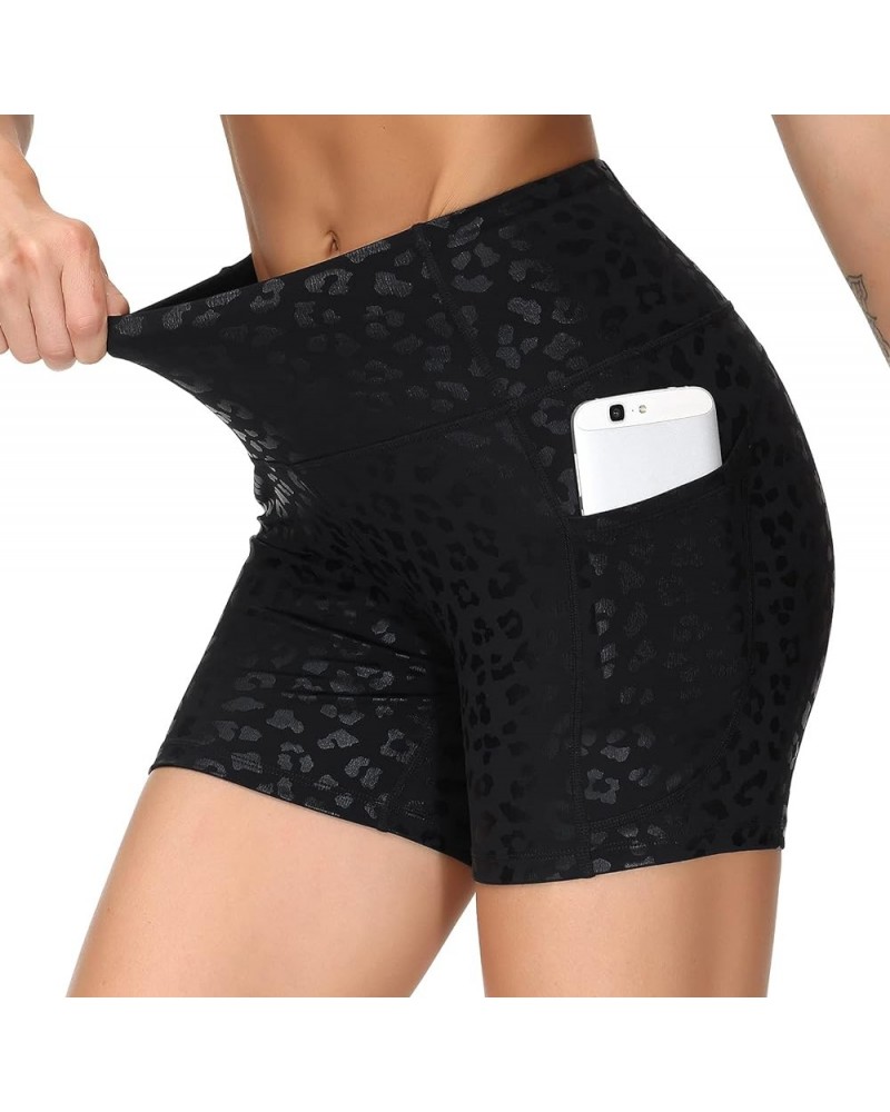 High Waist Yoga Shorts for Women's Tummy Control Fitness Athletic Workout Running Shorts with Deep Pockets Black Spot Leopard...