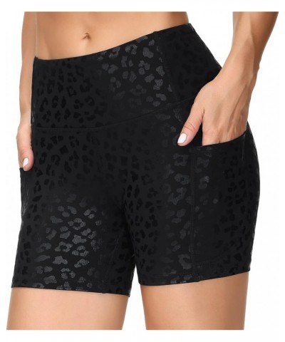 High Waist Yoga Shorts for Women's Tummy Control Fitness Athletic Workout Running Shorts with Deep Pockets Black Spot Leopard...