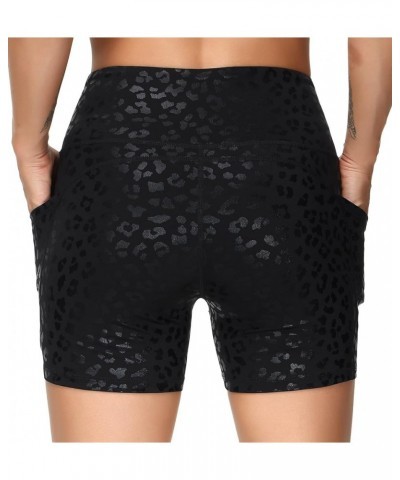 High Waist Yoga Shorts for Women's Tummy Control Fitness Athletic Workout Running Shorts with Deep Pockets Black Spot Leopard...