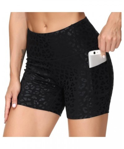 High Waist Yoga Shorts for Women's Tummy Control Fitness Athletic Workout Running Shorts with Deep Pockets Black Spot Leopard...