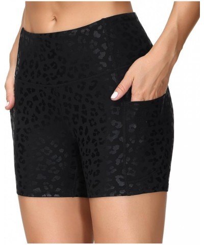 High Waist Yoga Shorts for Women's Tummy Control Fitness Athletic Workout Running Shorts with Deep Pockets Black Spot Leopard...