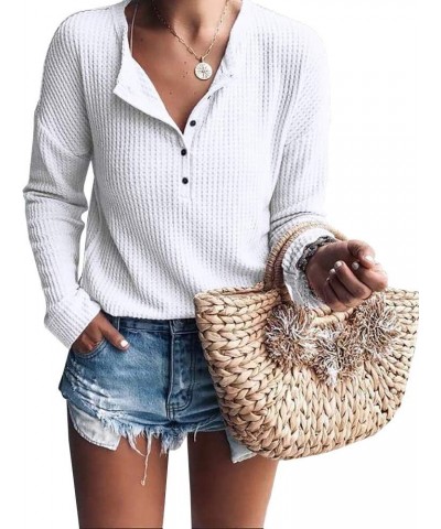 Womens Henley Shirts V Neck Long Sleeve Button Down Tops Warm Waffle Knit Tees White $11.94 Others