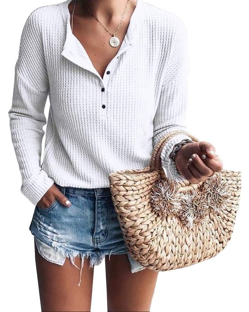 Womens Henley Shirts V Neck Long Sleeve Button Down Tops Warm Waffle Knit Tees White $11.94 Others