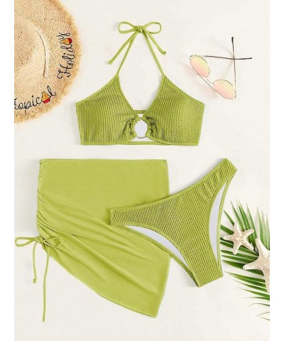 Women's 3 Piece Bathing Suits Halter Ring Bikini Set with Cover Up Skirt Green $18.00 Swimsuits