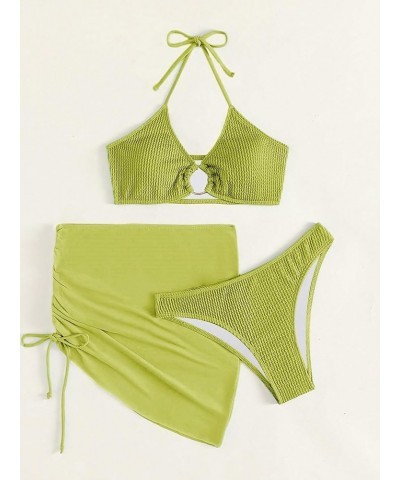 Women's 3 Piece Bathing Suits Halter Ring Bikini Set with Cover Up Skirt Green $18.00 Swimsuits