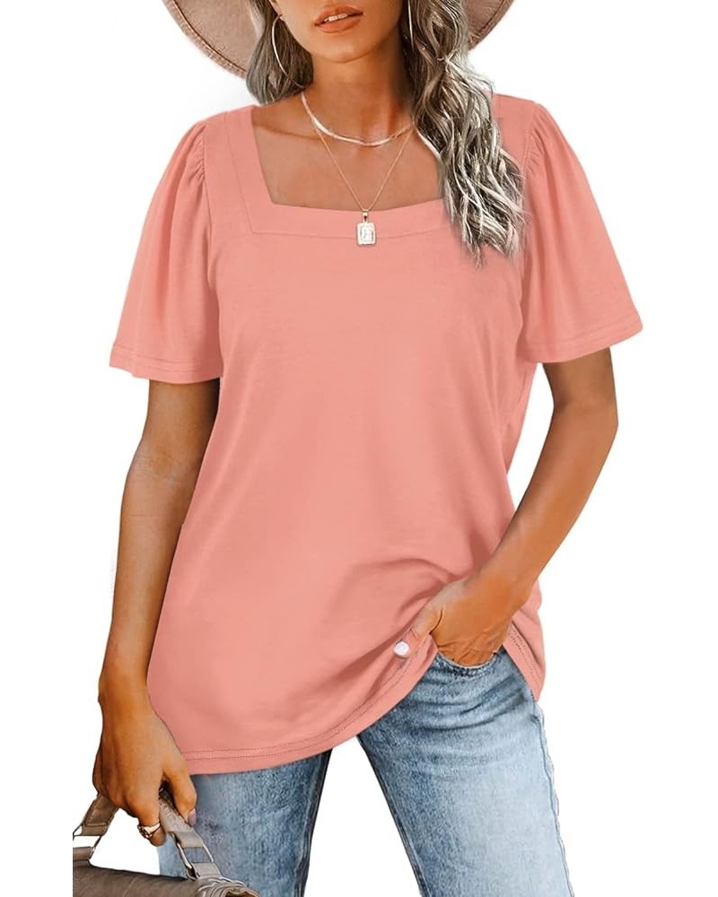 Womens Summer Tops Casual Square Neck Puff Short Sleeve T Shirts 5-pink $12.50 T-Shirts