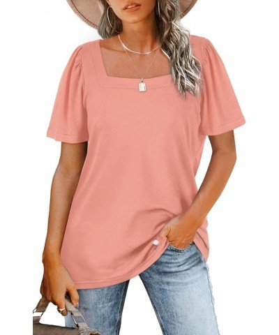 Womens Summer Tops Casual Square Neck Puff Short Sleeve T Shirts 5-pink $12.50 T-Shirts