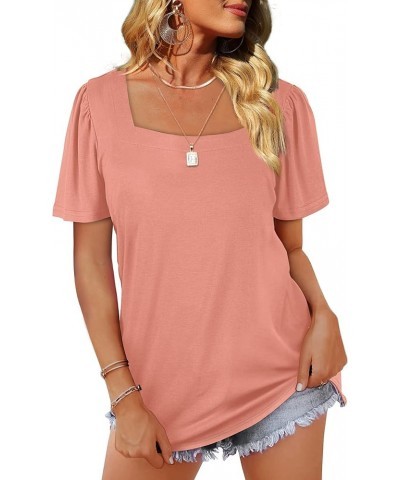 Womens Summer Tops Casual Square Neck Puff Short Sleeve T Shirts 5-pink $12.50 T-Shirts