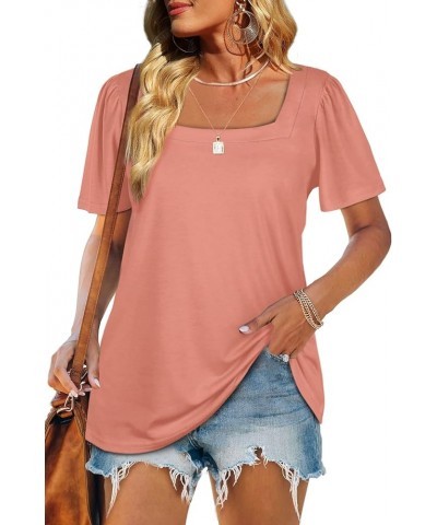 Womens Summer Tops Casual Square Neck Puff Short Sleeve T Shirts 5-pink $12.50 T-Shirts