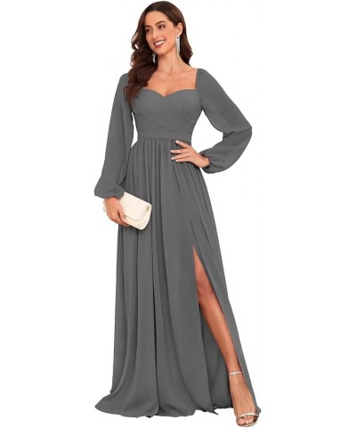 Long Sleeve Bridesmaid Dresses for Women Long Pleated Chiffon Formal Evening Dresses with Slit Grey $32.99 Dresses