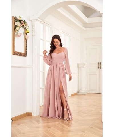 Long Sleeve Bridesmaid Dresses for Women Long Pleated Chiffon Formal Evening Dresses with Slit Grey $32.99 Dresses