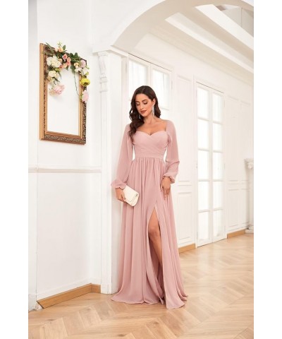 Long Sleeve Bridesmaid Dresses for Women Long Pleated Chiffon Formal Evening Dresses with Slit Grey $32.99 Dresses