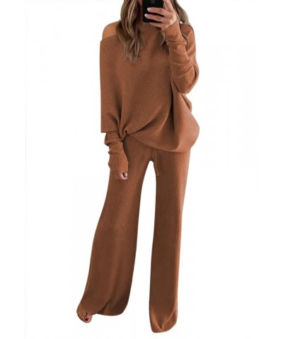 Women Knitted Outfits High Neck Sweater Wide Leg Pant Set 2 Pieces Sweatsuit Z-brown $25.30 Activewear