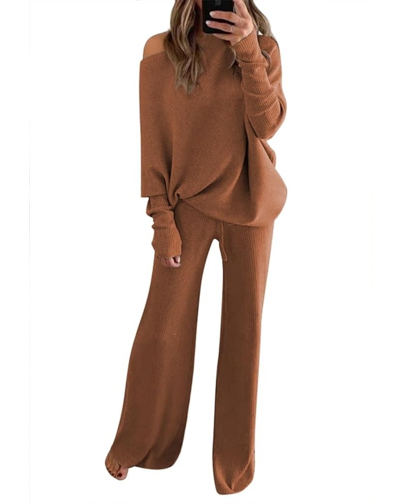 Women Knitted Outfits High Neck Sweater Wide Leg Pant Set 2 Pieces Sweatsuit Z-brown $25.30 Activewear