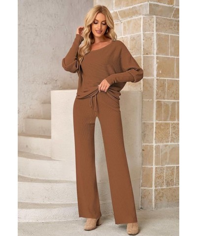 Women Knitted Outfits High Neck Sweater Wide Leg Pant Set 2 Pieces Sweatsuit Z-brown $25.30 Activewear