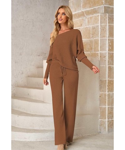 Women Knitted Outfits High Neck Sweater Wide Leg Pant Set 2 Pieces Sweatsuit Z-brown $25.30 Activewear