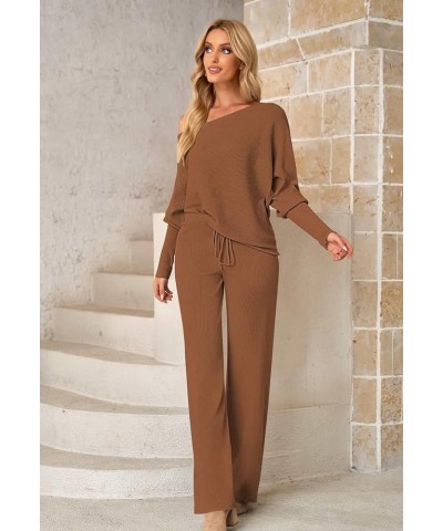 Women Knitted Outfits High Neck Sweater Wide Leg Pant Set 2 Pieces Sweatsuit Z-brown $25.30 Activewear