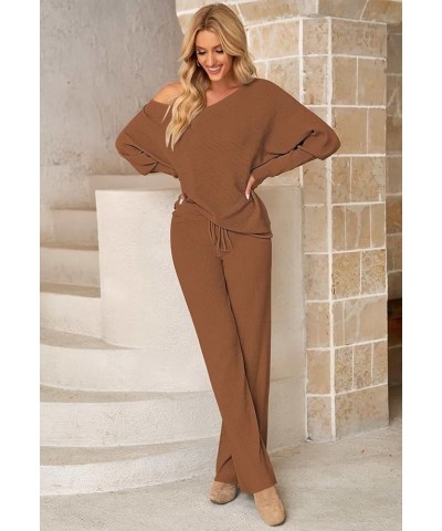 Women Knitted Outfits High Neck Sweater Wide Leg Pant Set 2 Pieces Sweatsuit Z-brown $25.30 Activewear