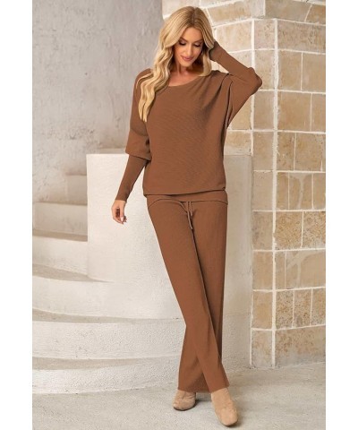 Women Knitted Outfits High Neck Sweater Wide Leg Pant Set 2 Pieces Sweatsuit Z-brown $25.30 Activewear