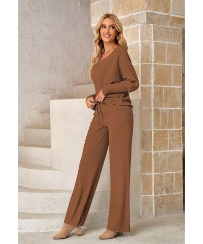 Women Knitted Outfits High Neck Sweater Wide Leg Pant Set 2 Pieces Sweatsuit Z-brown $25.30 Activewear