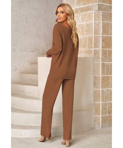 Women Knitted Outfits High Neck Sweater Wide Leg Pant Set 2 Pieces Sweatsuit Z-brown $25.30 Activewear