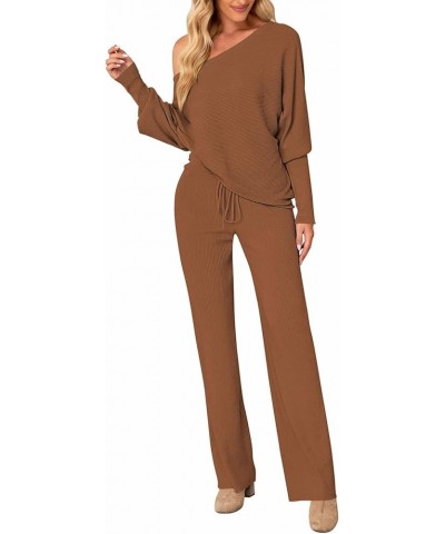 Women Knitted Outfits High Neck Sweater Wide Leg Pant Set 2 Pieces Sweatsuit Z-brown $25.30 Activewear