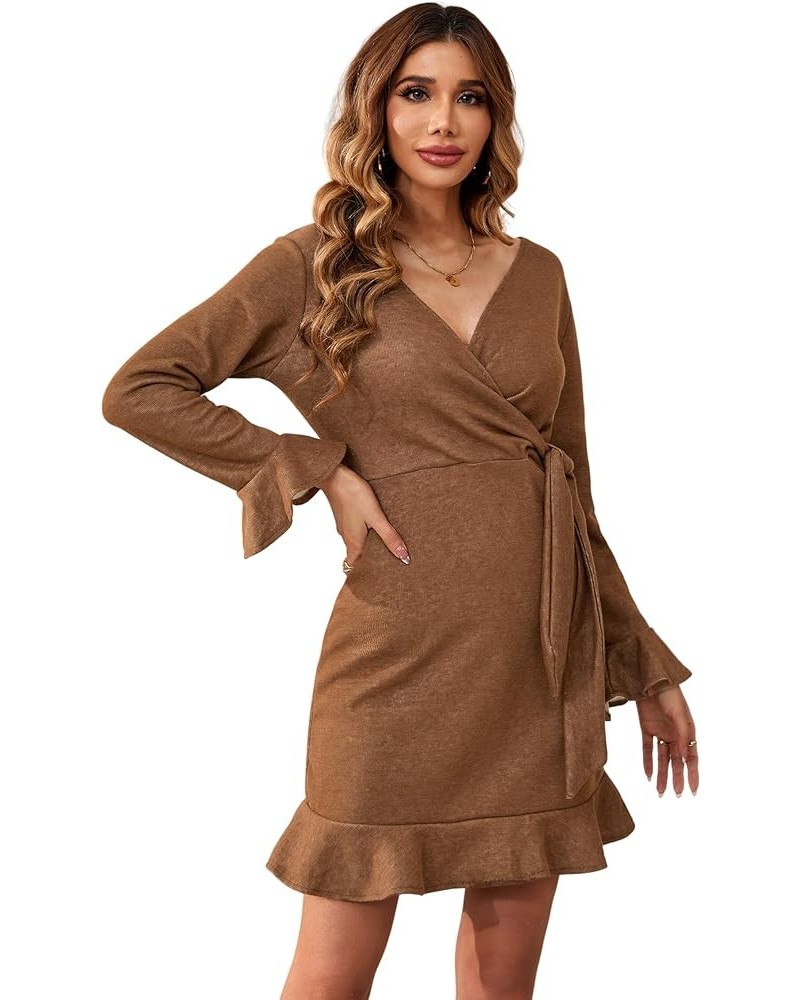 Women's Winter Long Sleeve V Neck Ruffles Sweater Dresses Mini Dresses Brown $21.08 Dresses