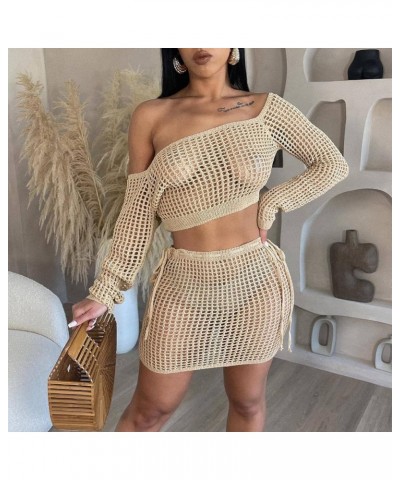 Women 2 Piece Crochet Knit Skirt and Top Set Hollow Out Off Shoulder Cover Up Beach Mesh See Through Swimwear Light Brown $15...