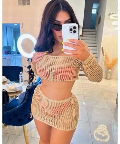 Women 2 Piece Crochet Knit Skirt and Top Set Hollow Out Off Shoulder Cover Up Beach Mesh See Through Swimwear Light Brown $15...