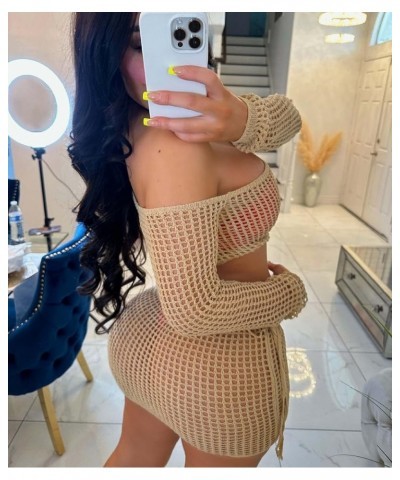 Women 2 Piece Crochet Knit Skirt and Top Set Hollow Out Off Shoulder Cover Up Beach Mesh See Through Swimwear Light Brown $15...