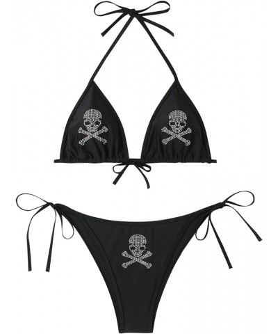 Women's 2 Piece Swimsuit Plus Size Skull Print Tie Back Halter Knot Side Bikini Set Black $12.72 Swimsuits