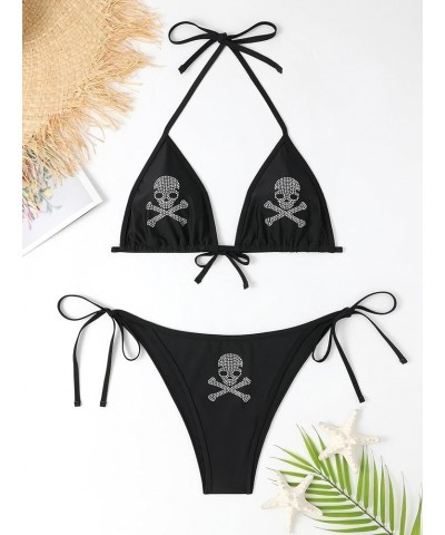 Women's 2 Piece Swimsuit Plus Size Skull Print Tie Back Halter Knot Side Bikini Set Black $12.72 Swimsuits