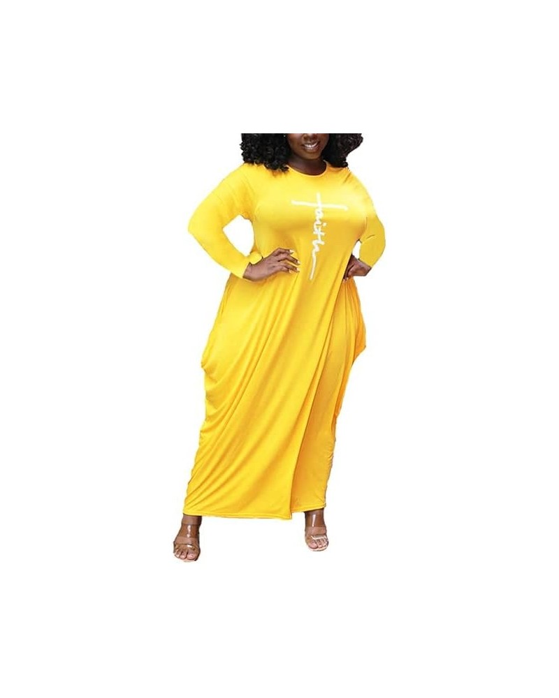 Women's Faith Maxi Dresses Plus Size Oversize Causal Loose Long Sleeve Faith Long Dresses from L-5XL Yellow $9.43 Dresses